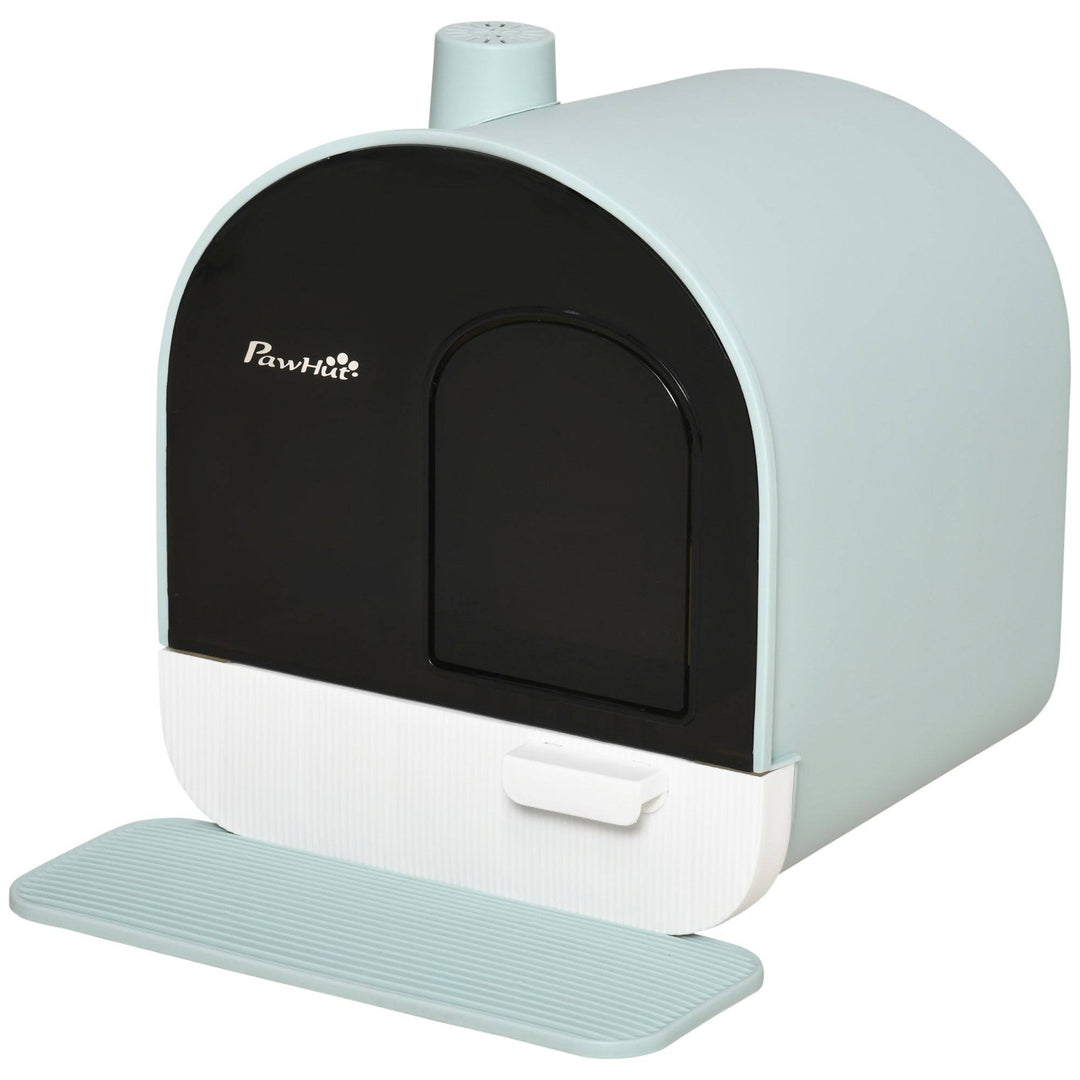 Enclosed cat litter box with lid, front door, removable tray, scoop, and splash-proof design for easy cleaning.