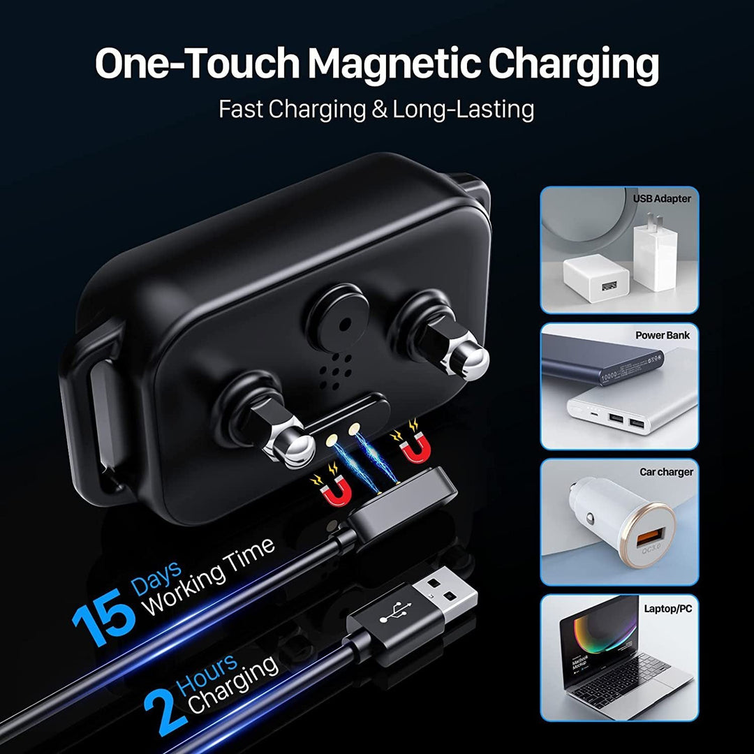 Smart anti-bark dog collar showing one-touch magnetic charging with USB cable and compatible chargers.
