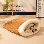 Load image into Gallery viewer, Cat sleeping comfortably inside a warm flannel blanket sleeping bag nest with soft PP cotton filling on carpet
