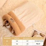 Load image into Gallery viewer, Cat resting inside a beige plush winter sleeping bag for cats and small dogs with soft velvet and lambswool lining
