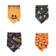 Set of four Halloween-themed pet bandanas with pumpkin, witch, spooky text, and pumpkin patch designs for dogs and cats.