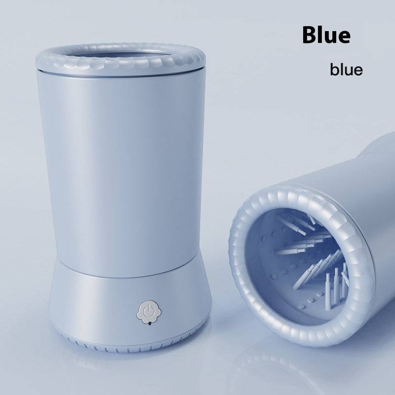 Electric pet paw cleaner in blue, automatic foot-washing machine with soft silicone bristles for dogs and cats.