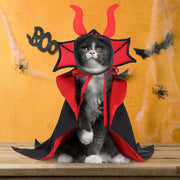 Cat wearing a Halloween vampire costume with a black and red cloak and horned hat for spooky holiday parties