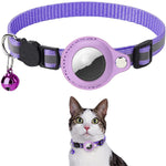 Load image into Gallery viewer, Adjustable purple reflective nylon pet collar with waterproof AirTag holder and bell, shown on cat.
