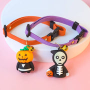 Adjustable Halloween pet collars with pumpkin and skeleton cartoon charms for cats and dogs, with small bells attached