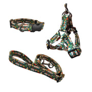 Christmas-themed dog leash, adjustable chest harness, and collar set with holiday prints for small to large dogs