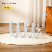 Blue collapsible S type cat tunnel toy with mouse and feather for interactive indoor and outdoor play