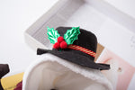 Load image into Gallery viewer, Black snowman hat with red berries and green leaves on white furry Christmas pet costume

