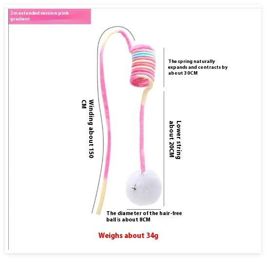 Pink gradient interactive spring cat toy with rabbit fur ball and 2-meter extended winding string for play and exercise