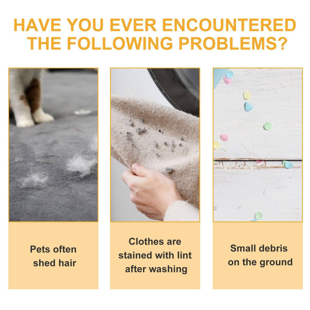 Pet hair on carpet, lint on clothes after washing, and small debris scattered on the floor problems displayed.