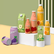 Colorful latex floating dog toys shaped like grape cans, apple cartons, strawberry bottles, and orange juice bottles