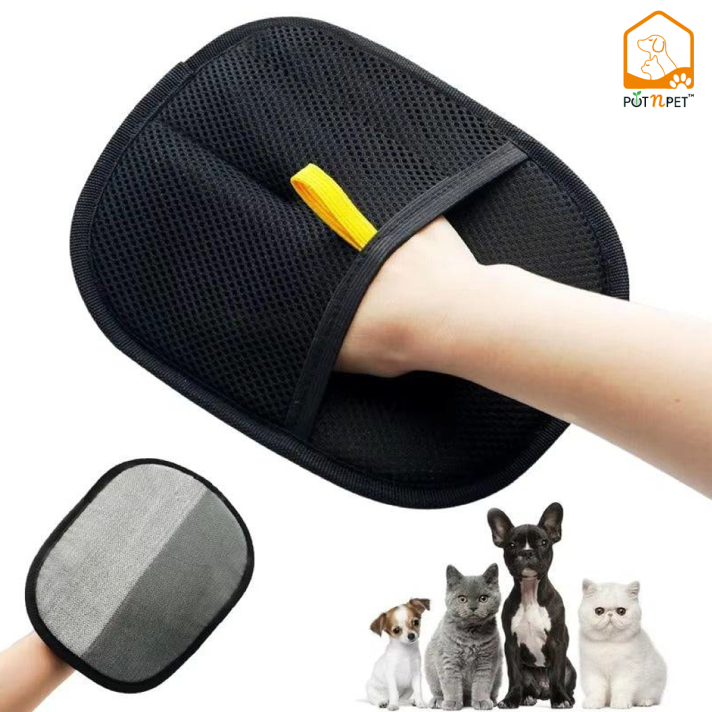 Black mesh pet hair remover glove by POT N PET™ with a yellow detail, shown with a hand inside.