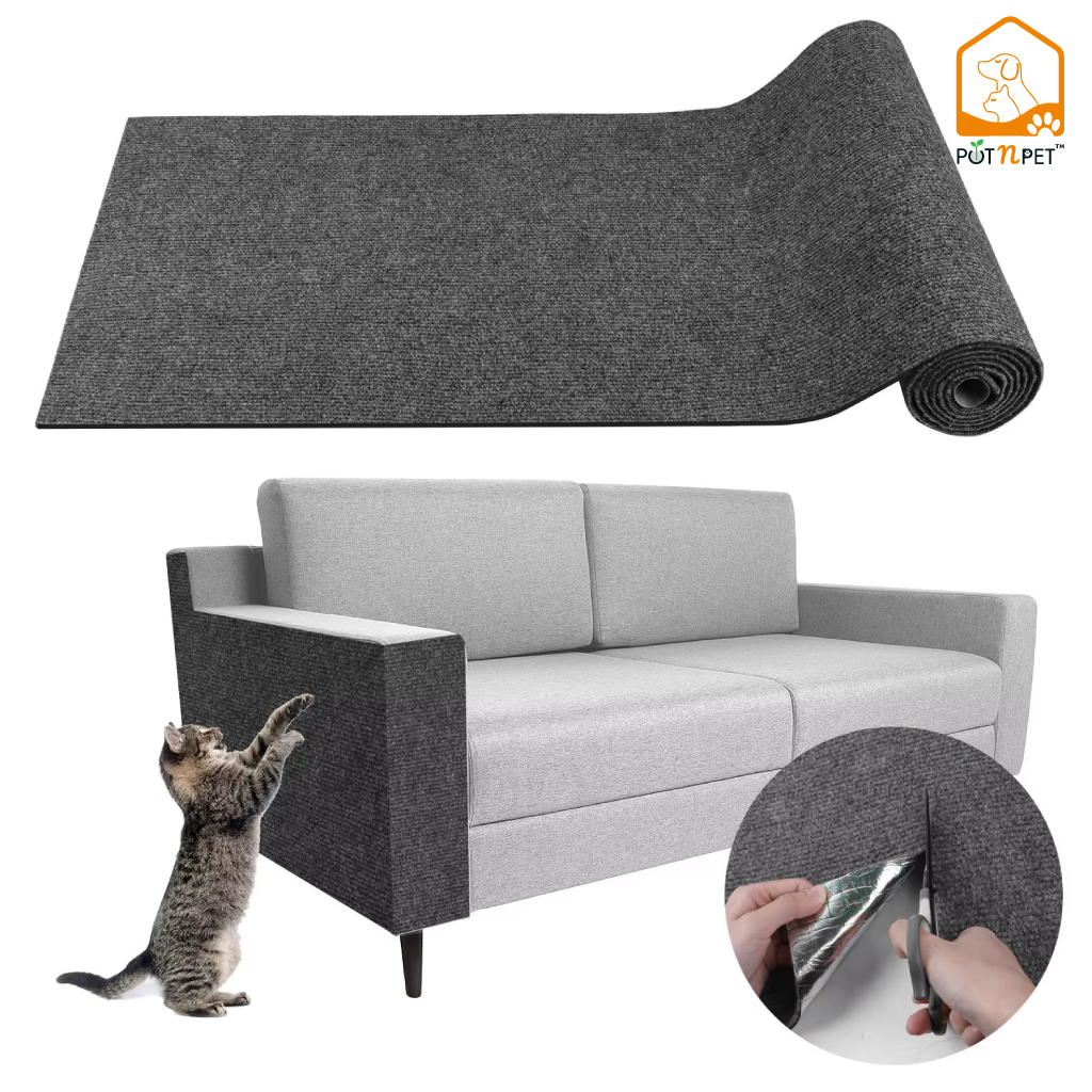 Gray cat scratch pad, gray sofa, cat using scratch pad, and person cutting the pad with a knife.