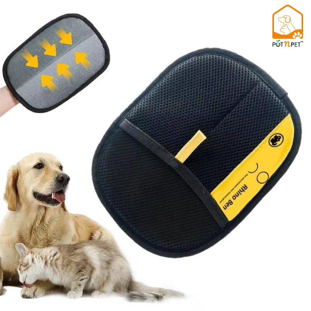 Pet hair remover glove and dual brush by POT N PET™ with yellow arrows on the glove and a dog and cat.