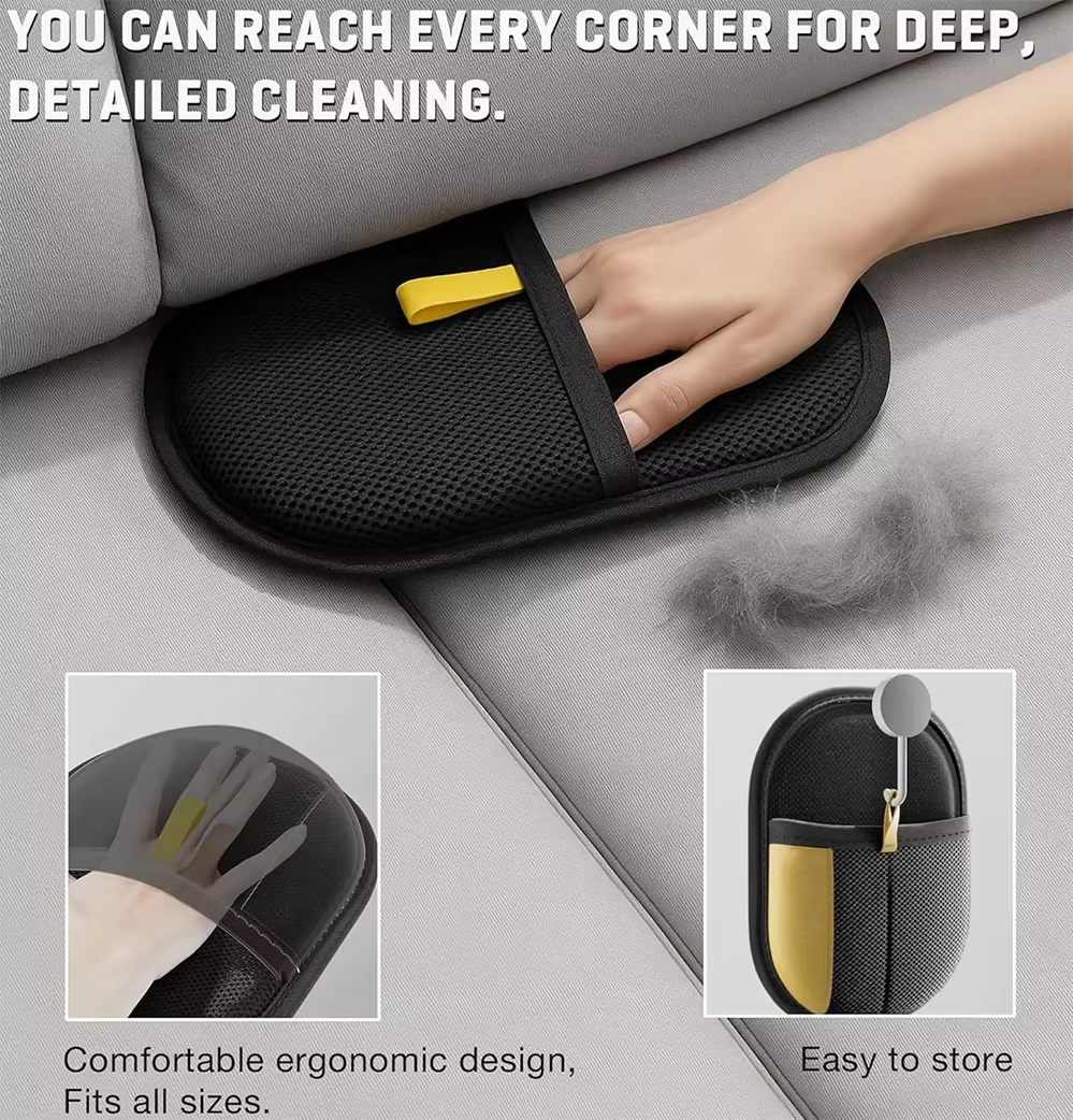 Pet hair remover glove with dual brush by POT N PET™, used on gray couch with collected pet hair.