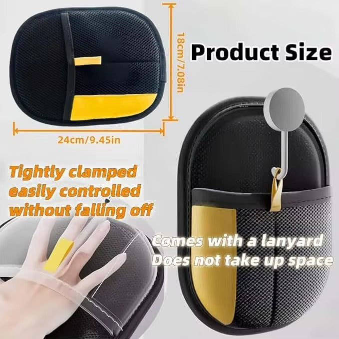 Pet hair remover glove with dual brush by POT N PET, featuring a black mesh material and yellow trim.