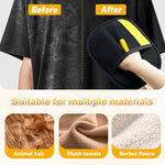 Load image into Gallery viewer, Pet hair remover glove by POT N PET with black mesh and yellow accents, demonstrating lint removal on a dark t-shirt.