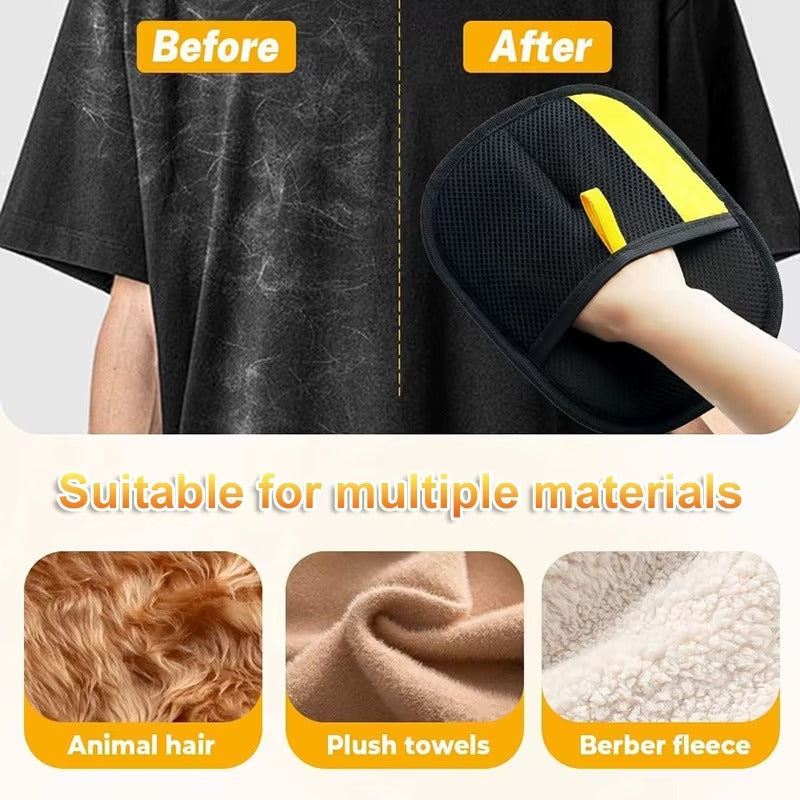 Pet hair remover glove by POT N PET with black mesh and yellow accents, demonstrating lint removal on a dark t-shirt.