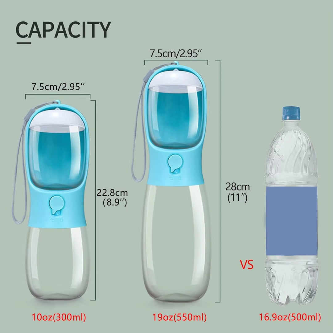Blue and clear pet water bottle with measurements and comparison to a standard bottle