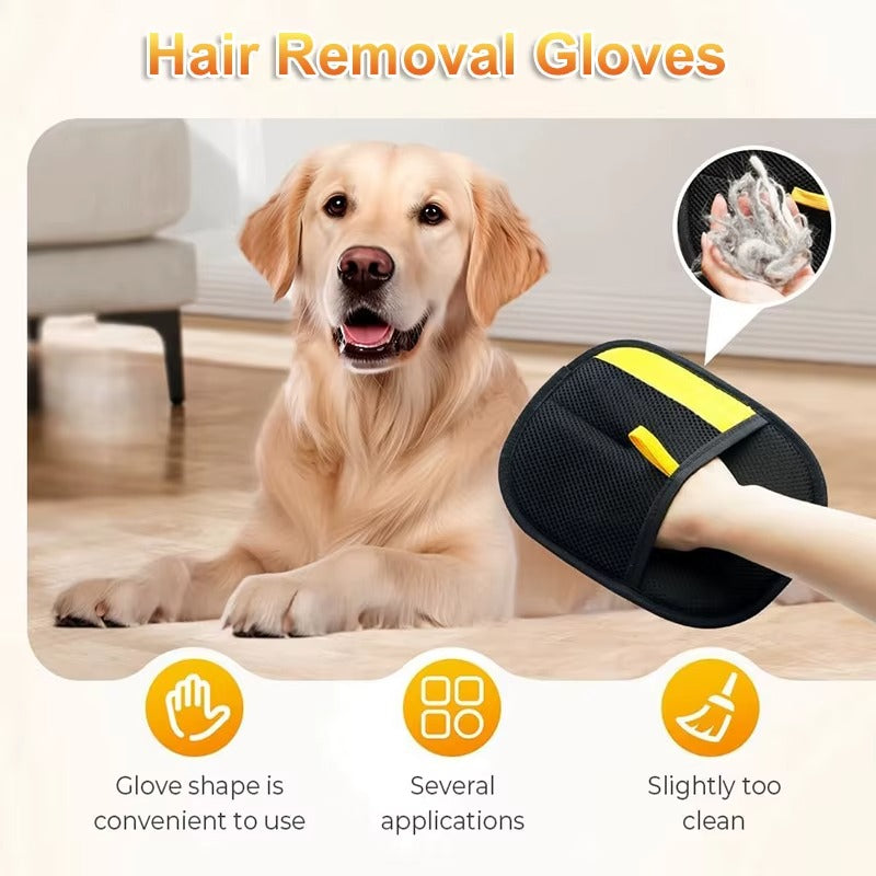 Pet hair remover glove for cats and dogs by POT N PET, with a black mesh and yellow strap, shown being used on a dog.