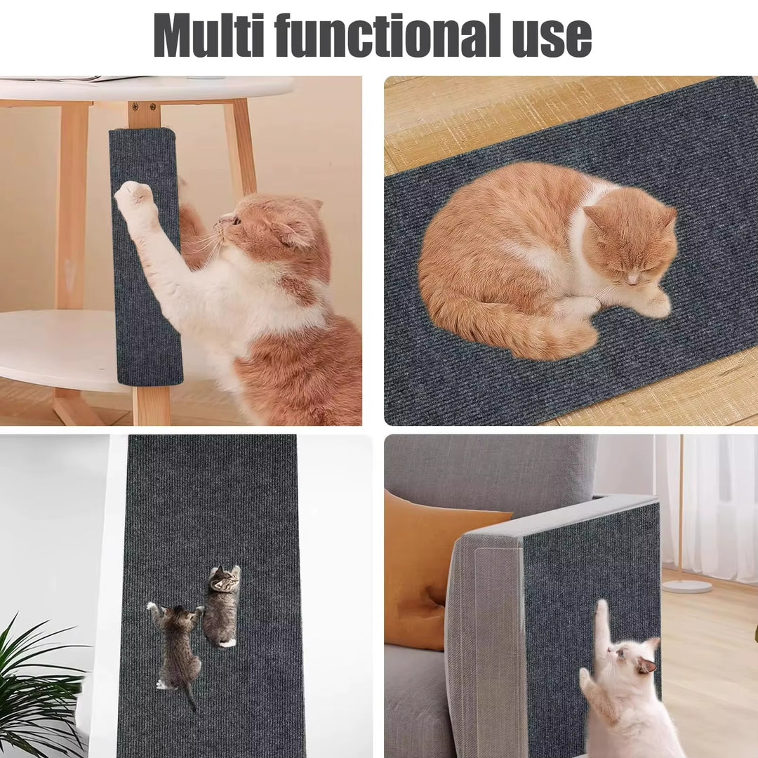 Collage of a cat using a multi-functional pet mat in various settings.