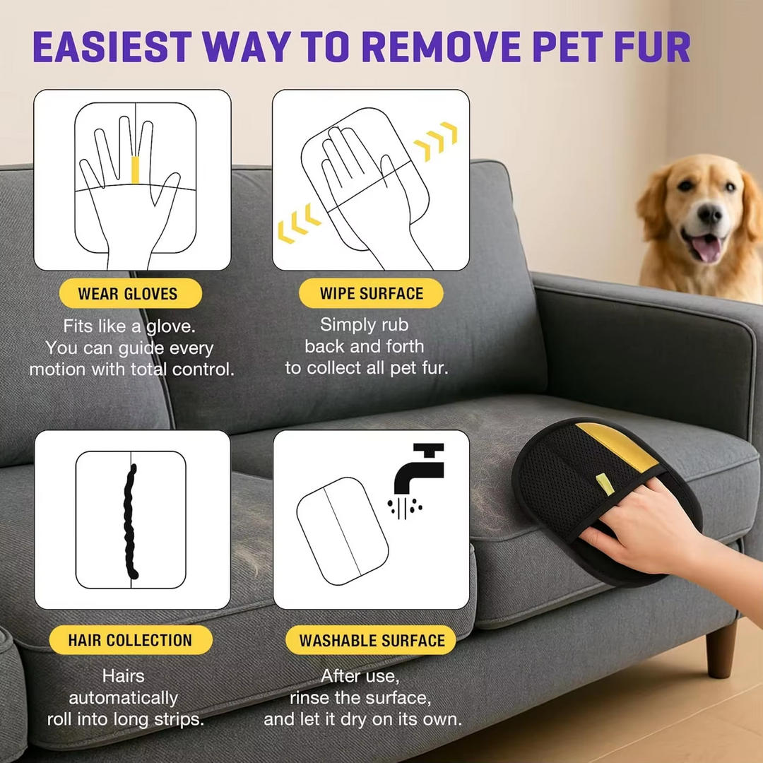 Pet hair remover glove with dual brush by POT N PET™ demonstrating hair removal and cleaning.