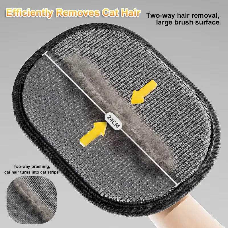Gray pet hair remover glove by POT N PET with dual brush, illustrated with arrows indicating brushing directions.