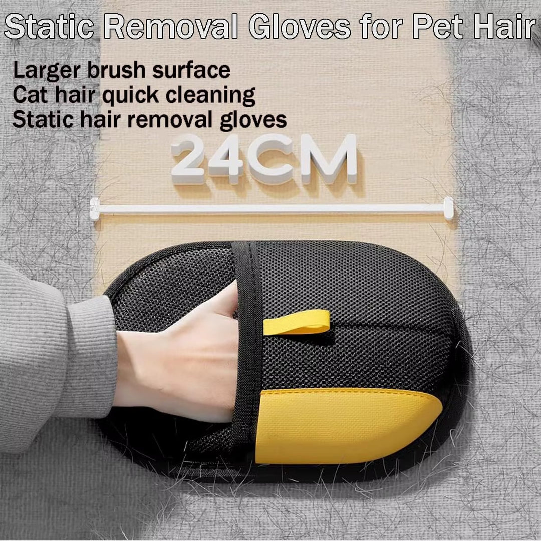 Pet hair remover glove by POT N PET™ with a black mesh texture and yellow accents.