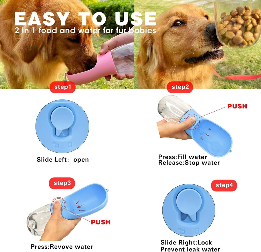 Dog drinking from a 2-in-1 food and water dispenser with step-by-step instructions on how to use it.