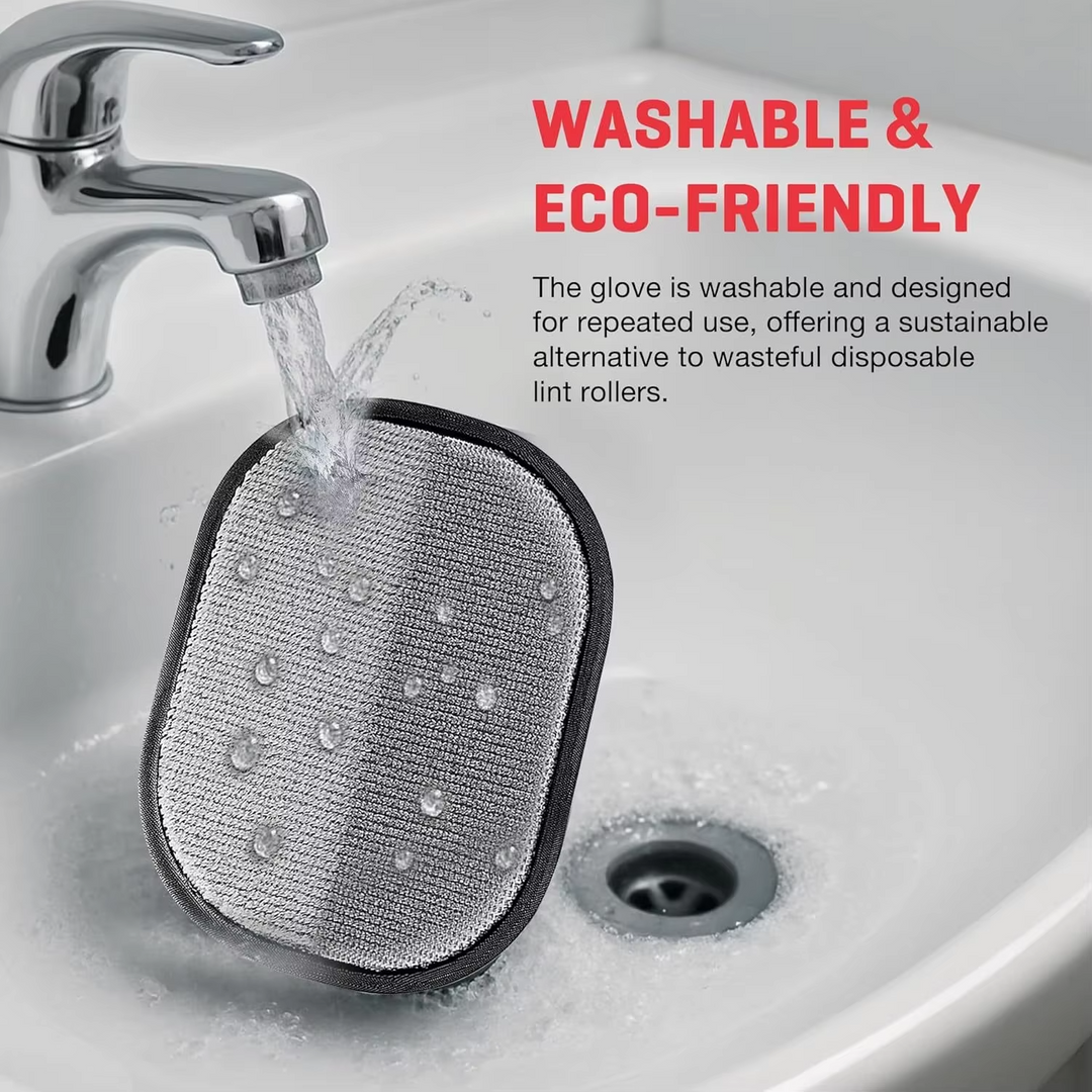 Pet hair remover glove by POT N PET under running water in a white sink.