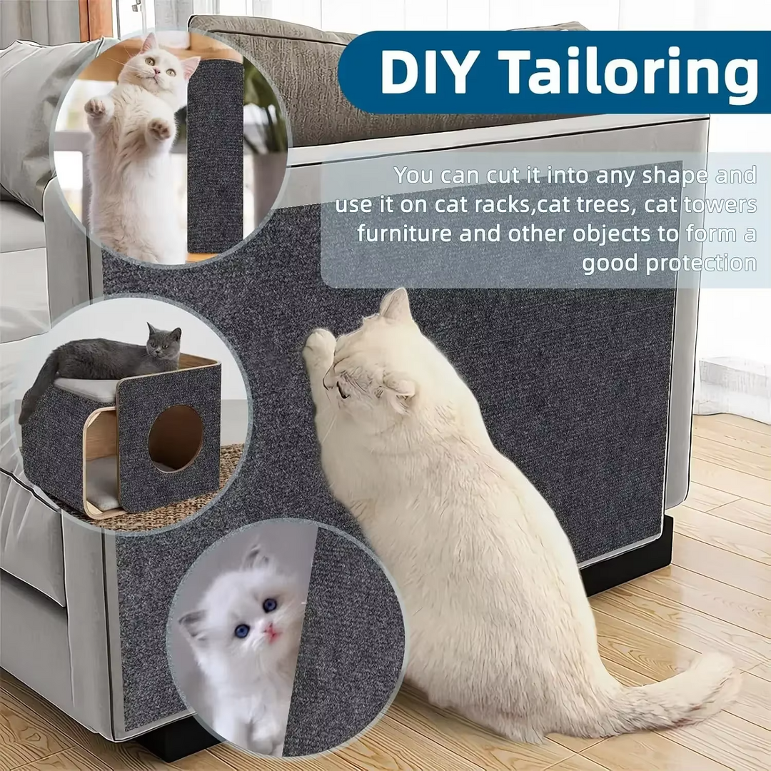 Cat scratcher with multiple cats using it, placed on a wooden floor.