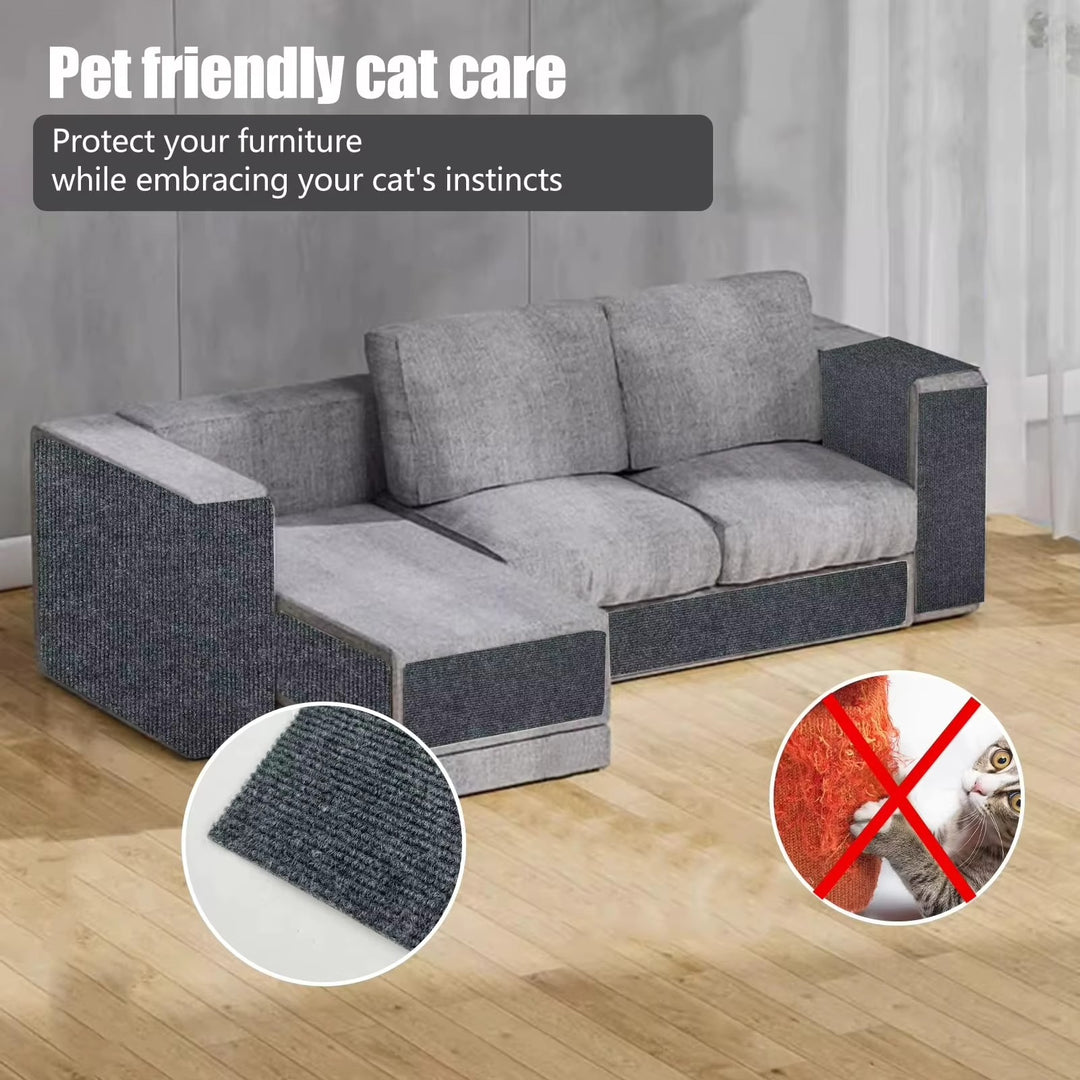 Gray sectional sofa with pet mat and catnip toy on a wooden floor, promoting pet-friendly cat care.