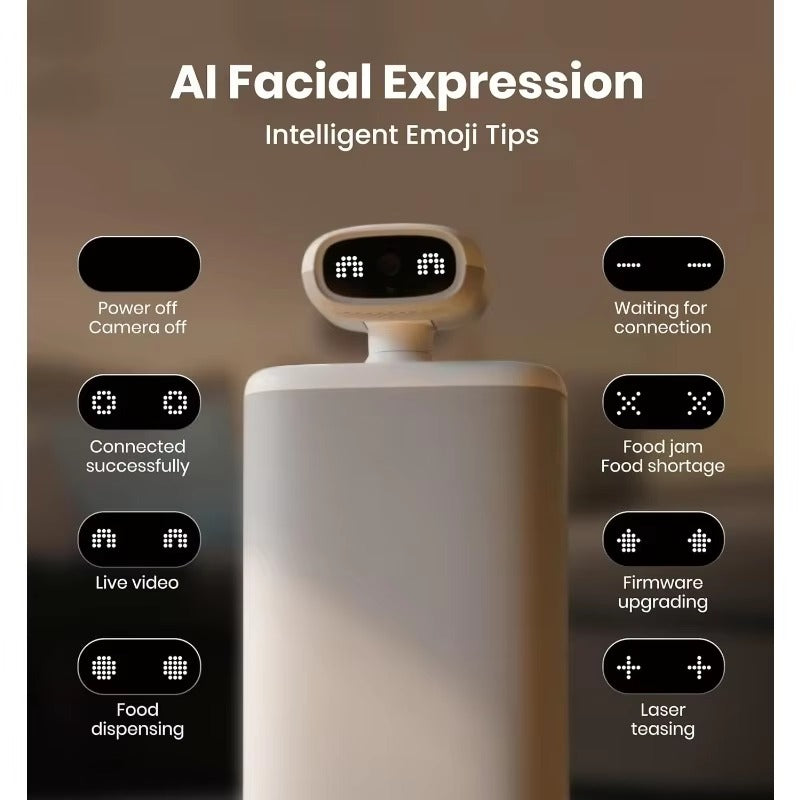 Automatic cat feeder with AI face displaying emoji expressions for status like live video, food dispensing, and laser teasing.