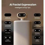 Automatic cat feeder with AI face displaying emoji expressions for status like live video, food dispensing, and laser teasing.