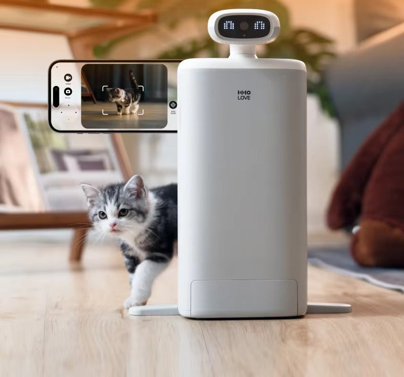 Automatic cat feeder with HD camera, 2-way audio, night vision, portion control, and laser teaser for pets.