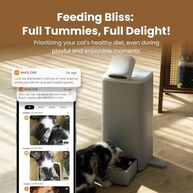 Automatic cat feeder camera with portion control, 1080P HD video, 2-way audio, night vision, and laser teaser