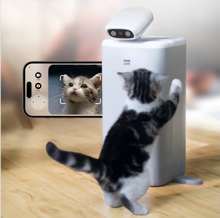 Cat interacting with an automatic feeder camera showing live 1080P video and two-way audio on a smartphone screen