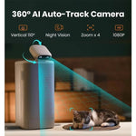 Load image into Gallery viewer, 360° AI auto-tracking cat feeder camera with 1080P HD, night vision, 4x zoom, and 110° vertical rotation watching a sleeping cat.

