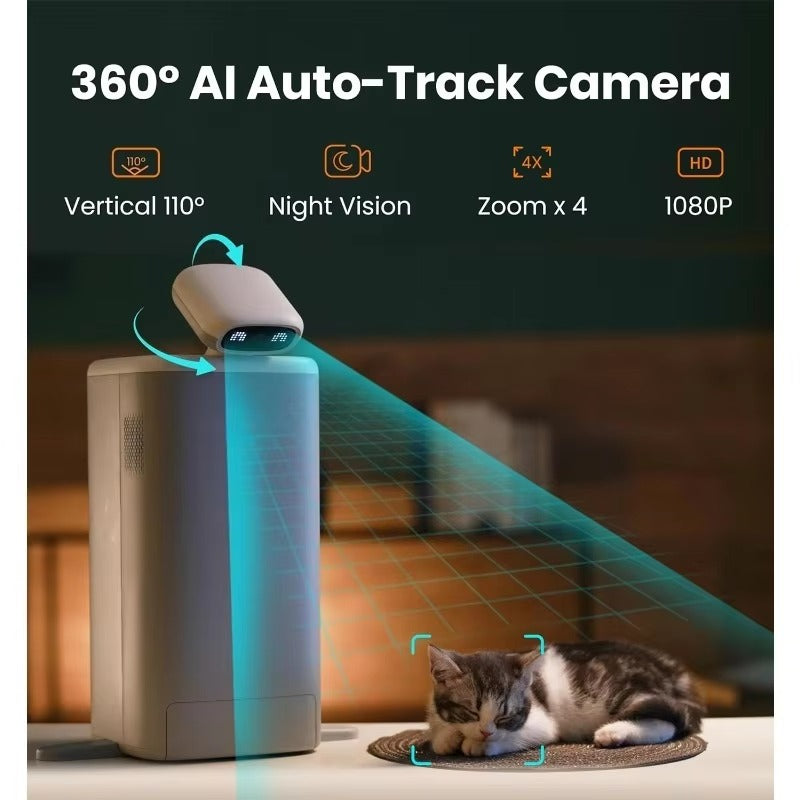 360° AI auto-tracking cat feeder camera with 1080P HD, night vision, 4x zoom, and 110° vertical rotation watching a sleeping cat.
