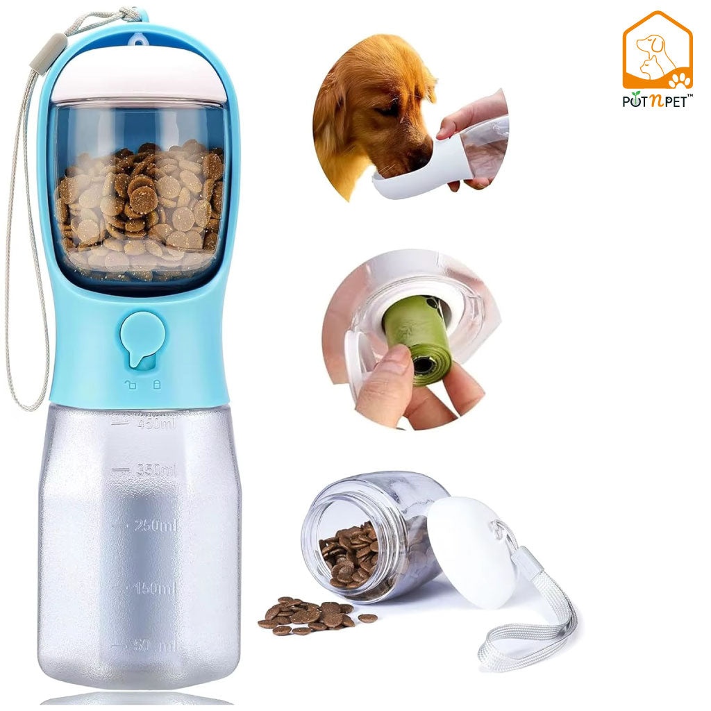 3-in-1 Portable Dog Water Bottle – Feeder, Waste Bag & Bowl Combo for Travel