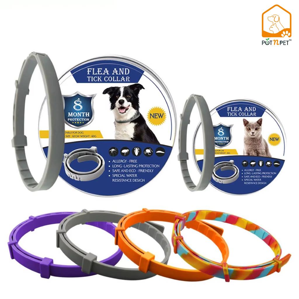 Flea and tick collars by POT N PET with gray, purple, orange, and multicolored options, displayed with product packaging.
