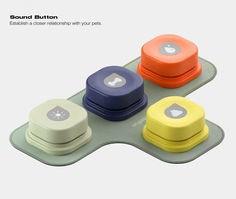 Recordable talking buttons for dogs and cats on a mat for pet communication and bonding.