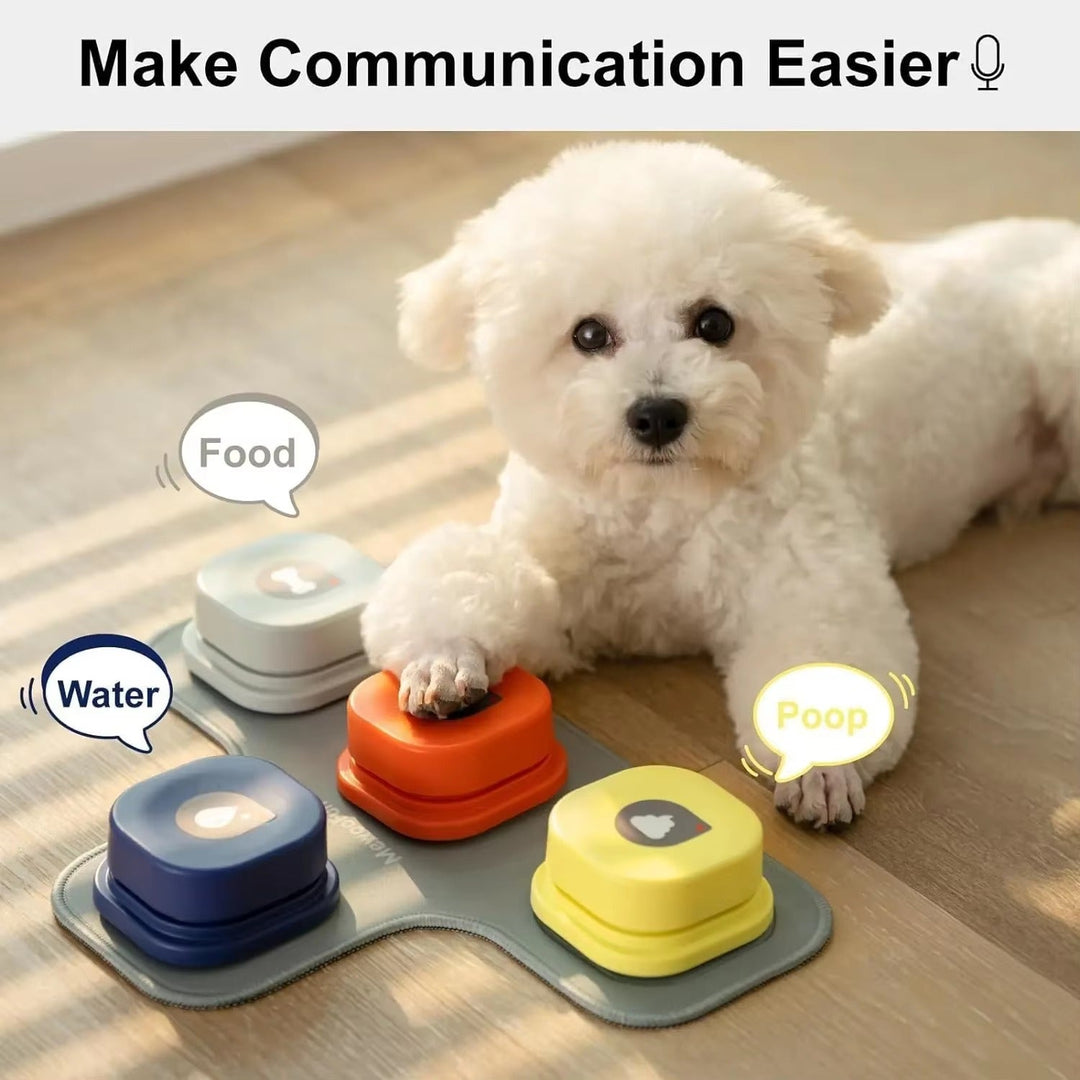 Small white dog pressing recordable talking buttons for food, water, and poop on a bone-shaped base