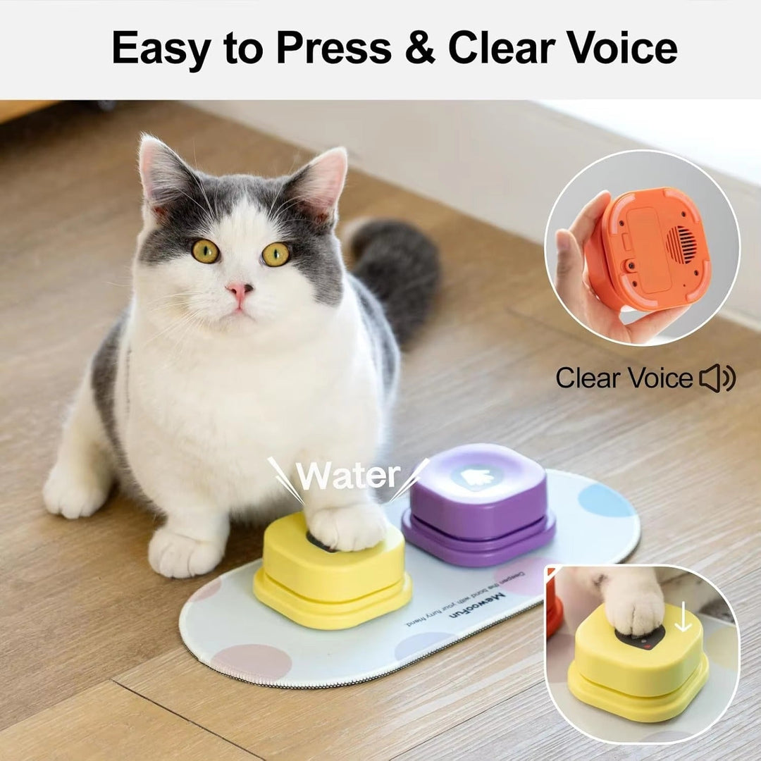 Cat pressing a yellow talking button on a mat with a purple button nearby for pet communication training