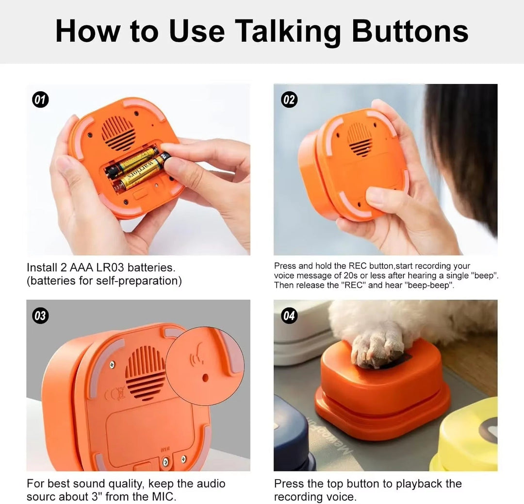 Step-by-step instructions showing installation, recording, and usage of orange talking buttons for pets communication.