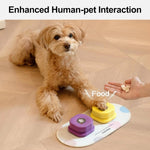 Load image into Gallery viewer, Small dog pressing a yellow talking button labeled food on a communication set beside a hand offering treats on a wooden floor
