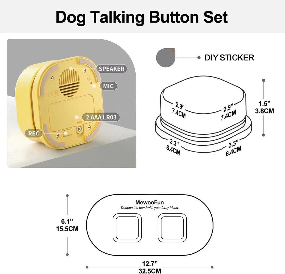 Talking Buttons for Dogs and Cats with recordable feature and speaker for pet communication set measurements shown
