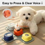 Load image into Gallery viewer, Small white dog pressing an orange talking button from a recordable pet communication set on floor tray
