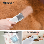 Load image into Gallery viewer, 7-in-1 pet grooming kit showing clipper, pet paw trimmer, and pet nail grinder in use on dog and cat.
