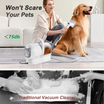 Load image into Gallery viewer, Woman using quiet pet vacuum grooming kit on golden retriever indoors with text highlighting low noise under 75db
